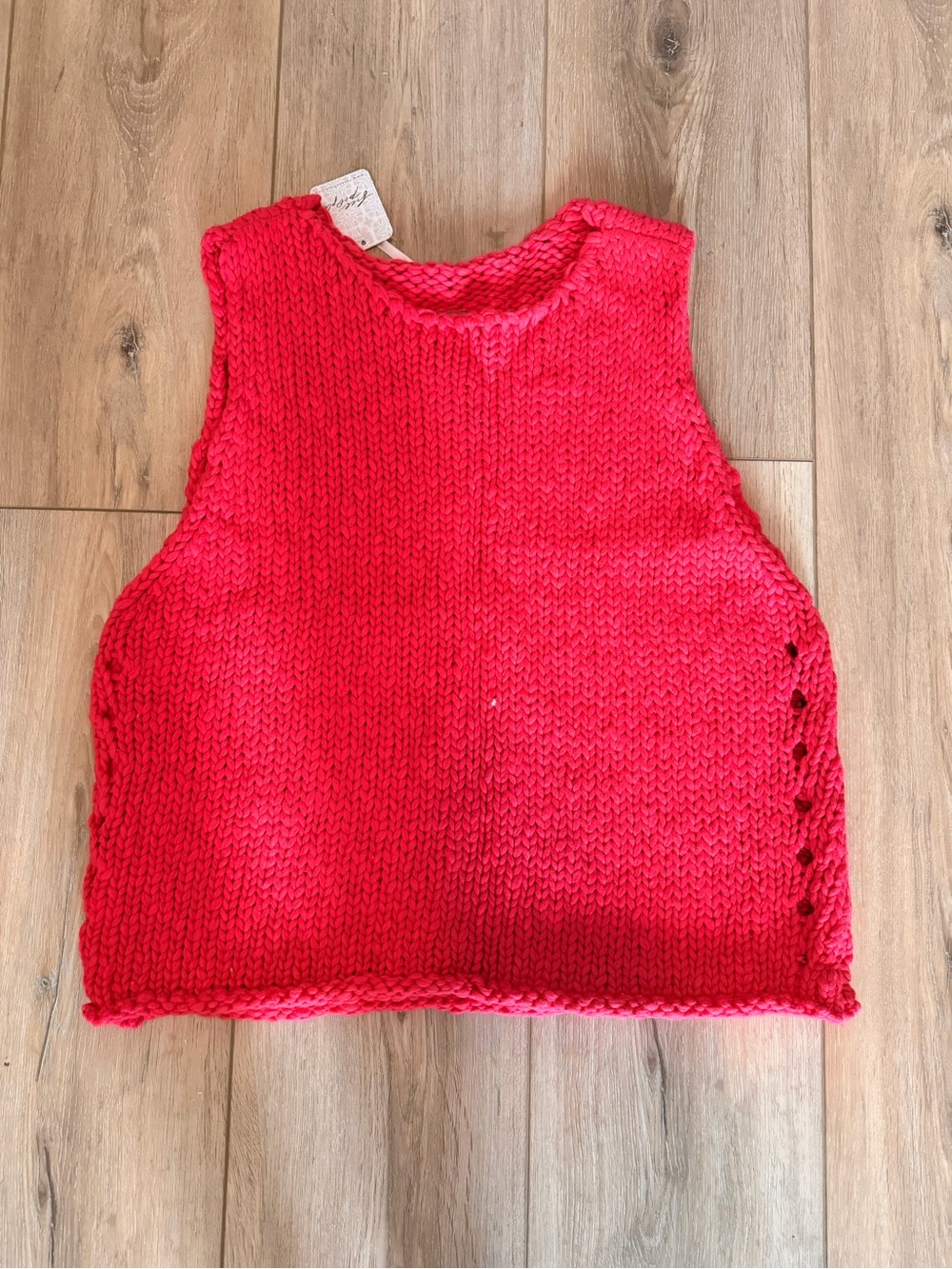 Free People Bright Red Hand-Knit V-Neck Sleeveless Top